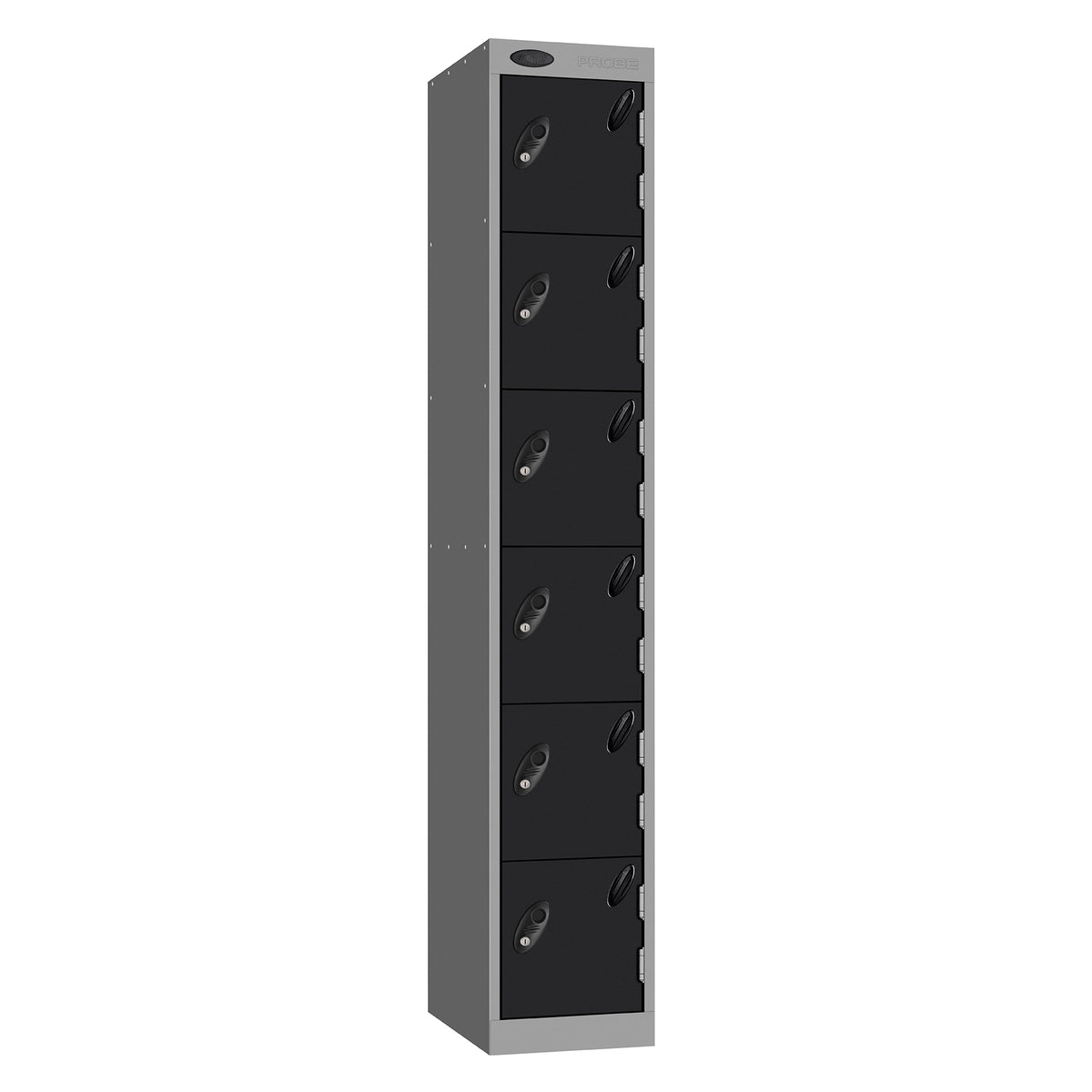 Probe Standard Metric Locker — 6 Door, Sloping Top, Triple Width — Silver Carcass / Black Doors