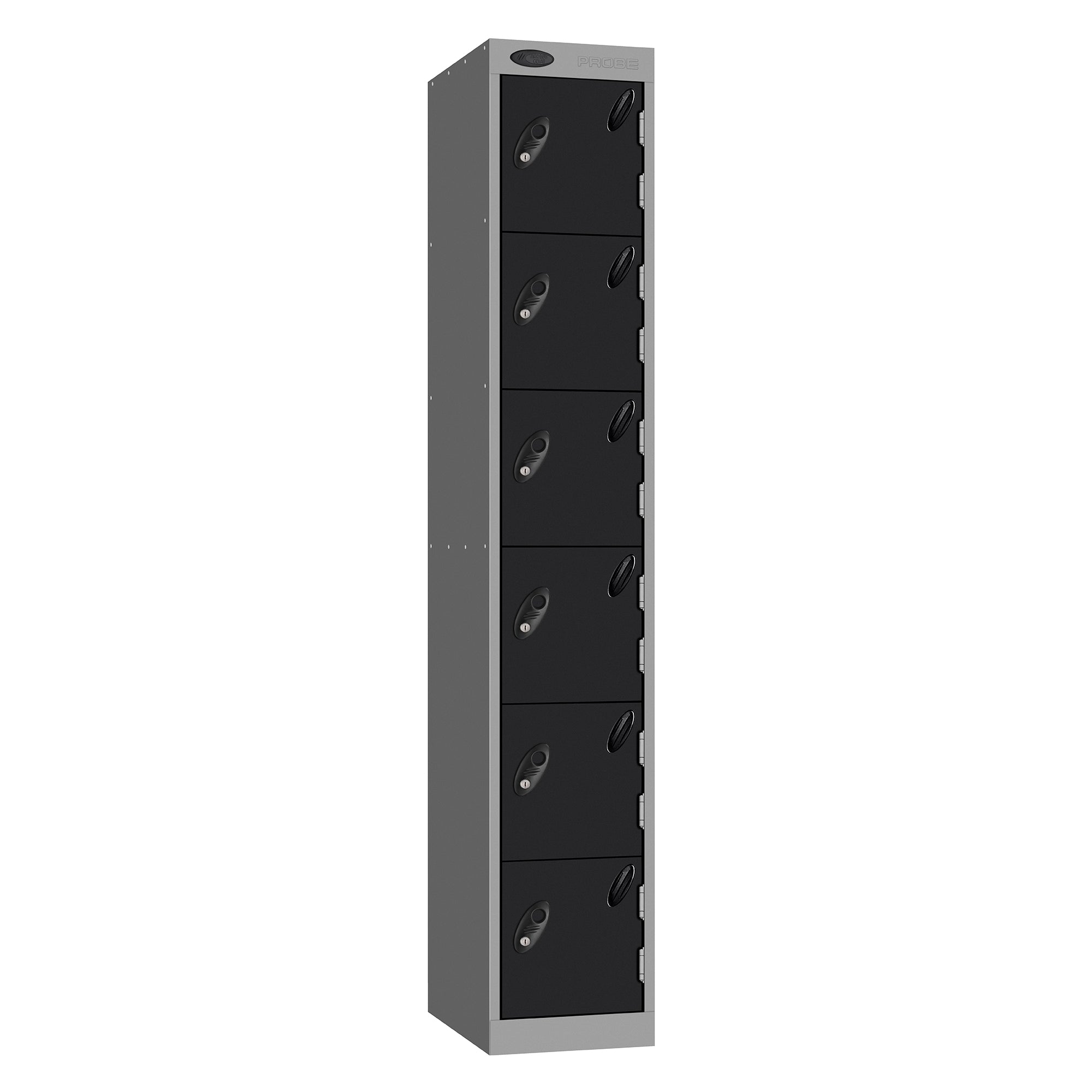 Probe Standard Metric Locker — 6 Door, Sloping Top, Triple Width — Silver Carcass / Black Doors