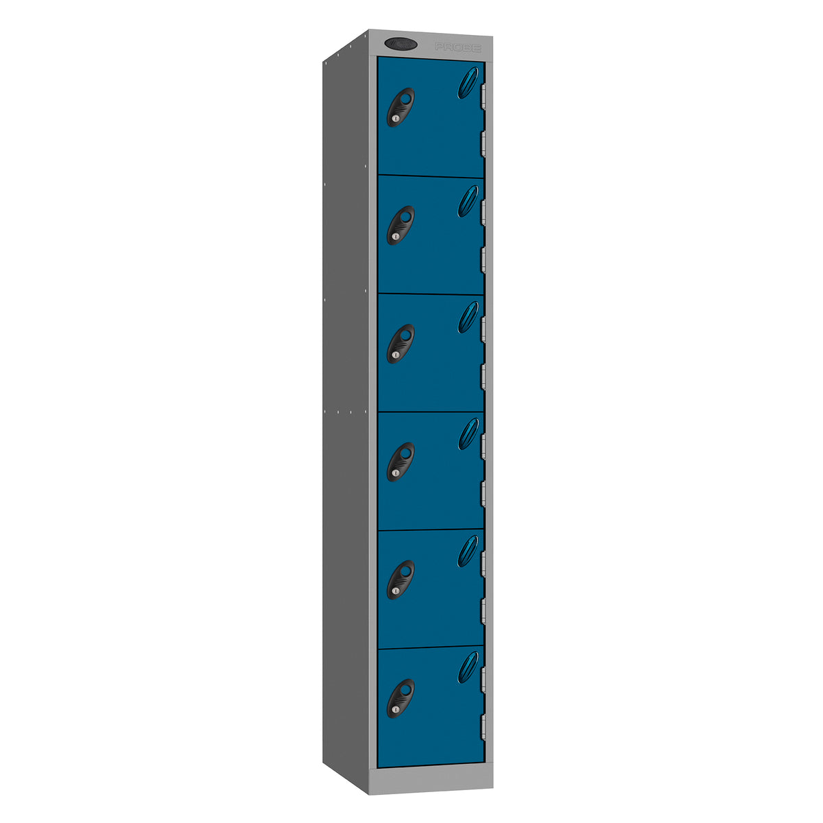 Probe Standard Metric Locker — 6 Door, Sloping Top, Triple Width — Silver Carcass / Blue Doors