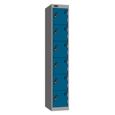 Probe Standard Metric Locker — 6 Door, Sloping Top, Triple Width — Silver Carcass / Blue Doors