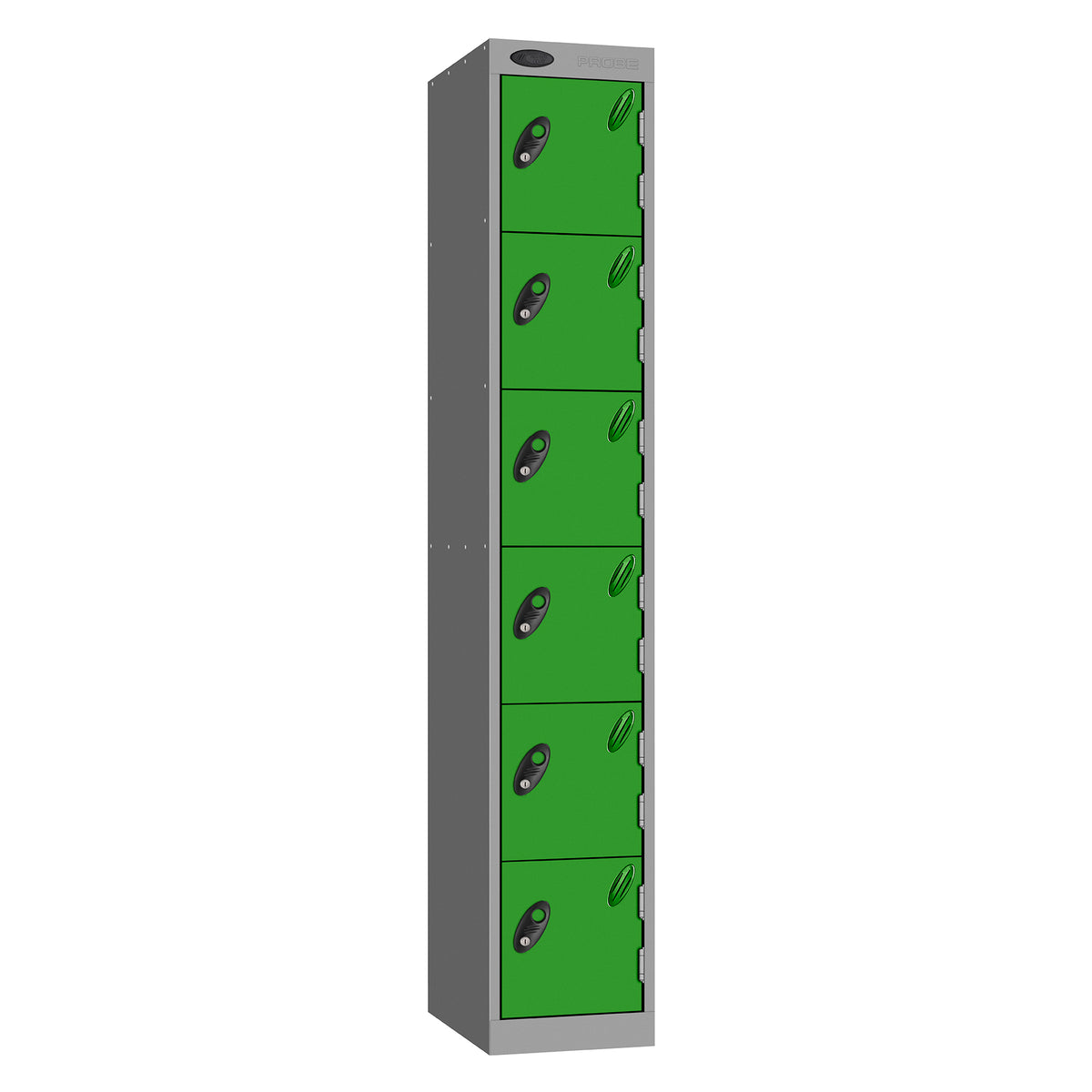 Probe Standard Metric Locker — 6 Door, Flat Top, Triple Width — Silver Carcass / Green Doors