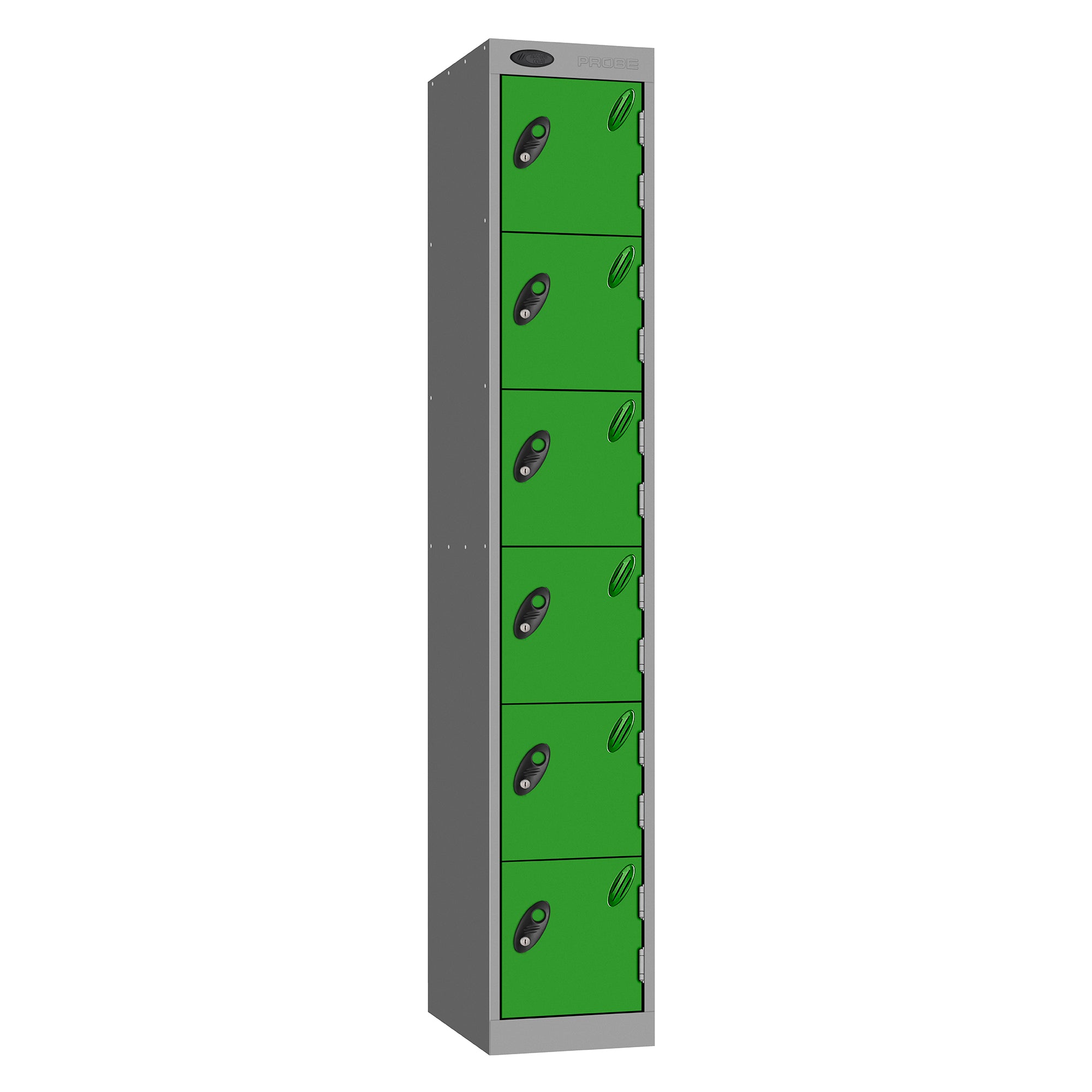 Probe Standard Metric Locker — 6 Door, Flat Top, Triple Width — Silver Carcass / Green Doors