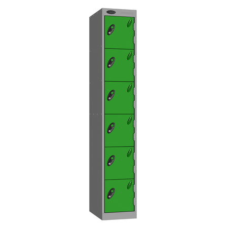 Probe Standard Metric Locker — 6 Door, Sloping Top, Triple Width — Silver Carcass / Green Doors
