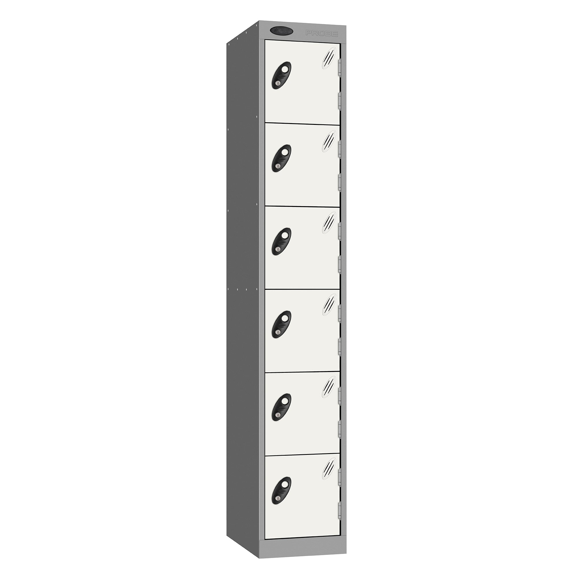 Probe Standard Metric Locker — 6 Door, Flat Top, Triple Width — Silver Carcass / White Doors