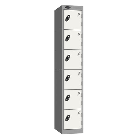 Probe Standard Metric Locker — 6 Door, Flat Top, Triple Width — Silver Carcass / White Doors