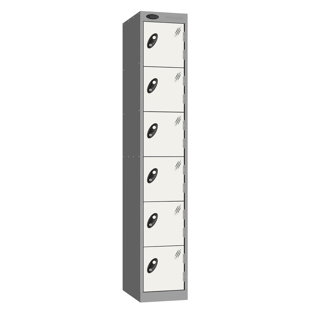 Probe Standard Metric Locker — 6 Door, Sloping Top, Triple Width — Silver Carcass / White Doors