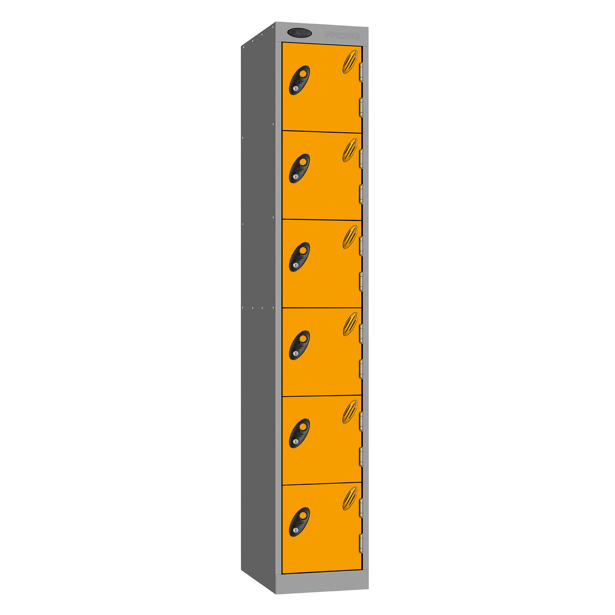 Probe Standard Metric Locker — 6 Door, Sloping Top, Triple Width — Silver Carcass / Yellow Doors