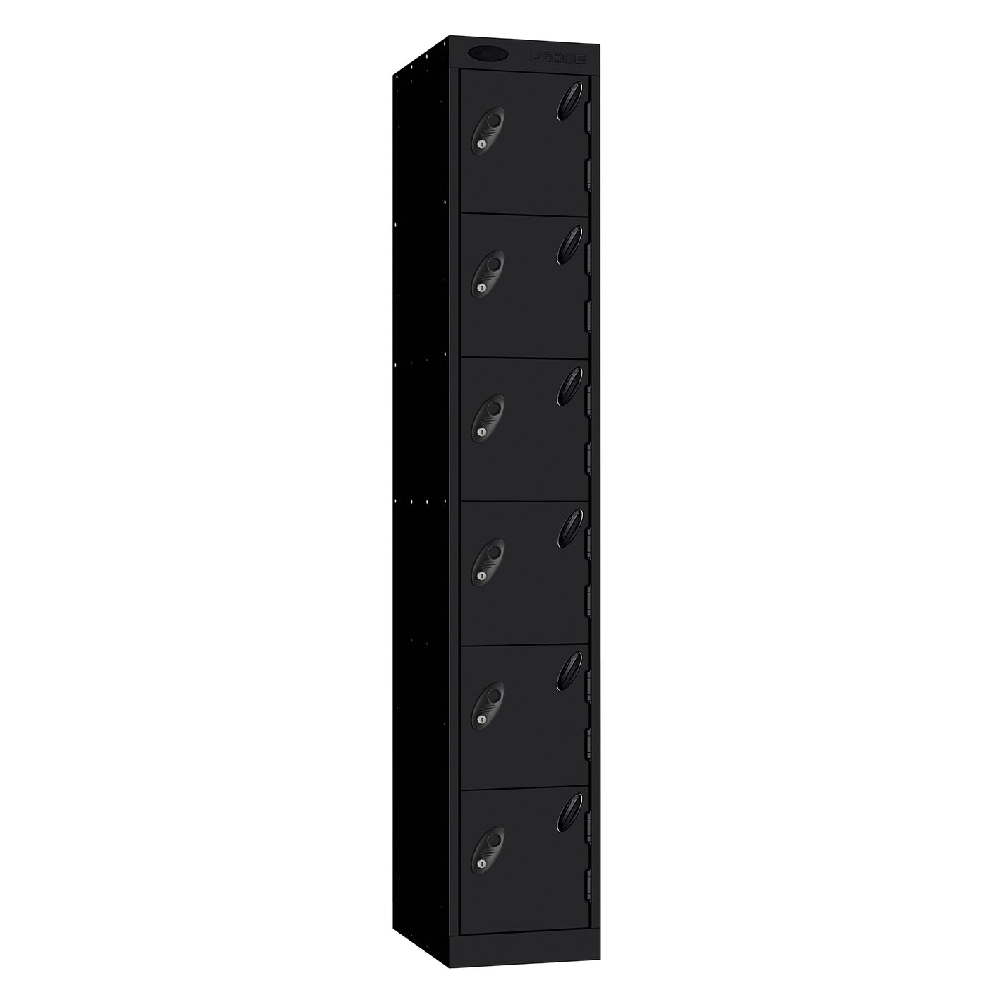 Probe Perforated Metric Locker — 6 Door, Sloping Top, Triple Width — Black carcass with Black door