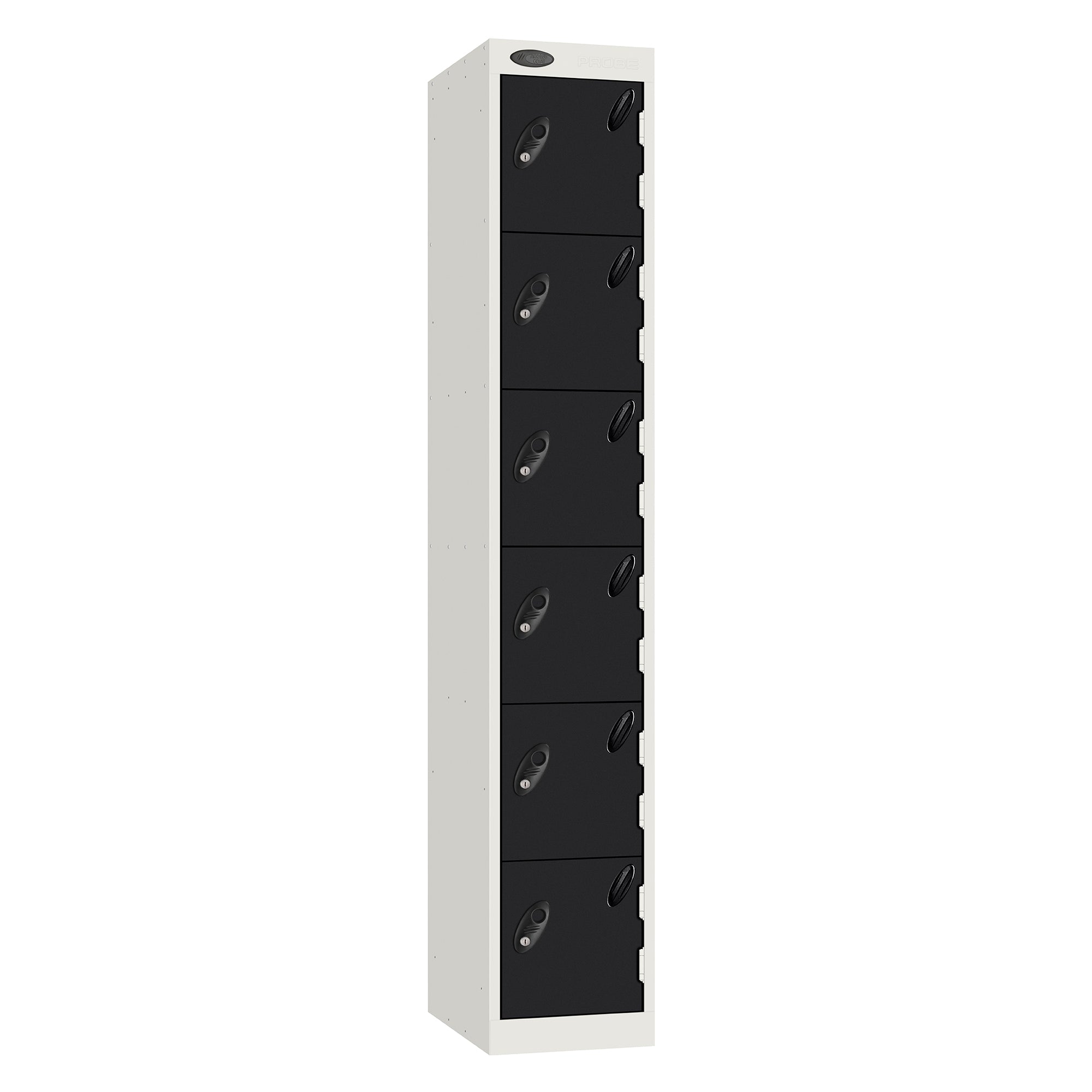 Probe Standard Metric Locker — 6 Door, Flat Top, Triple Width — White Carcass / Black Doors