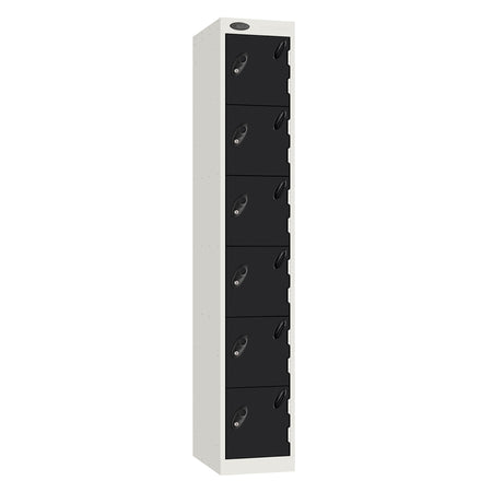 Probe Standard Metric Locker — 6 Door, Sloping Top, Triple Width — White Carcass / Black Doors