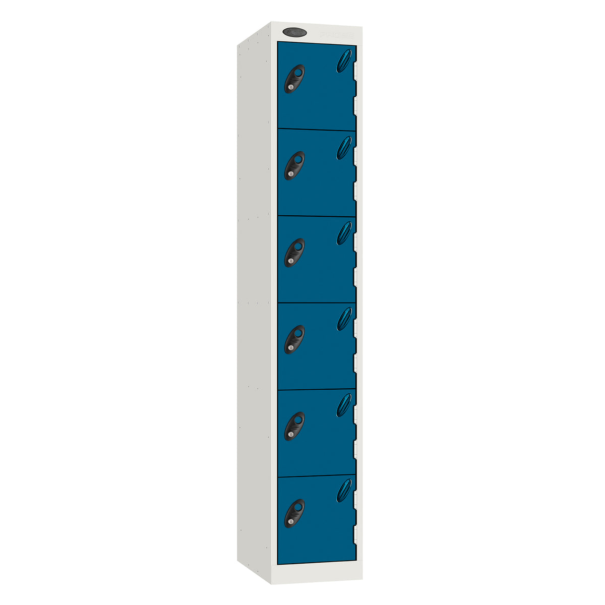 Probe Standard Metric Locker — 6 Door, Flat Top, Triple Width — White Carcass / Blue Doors