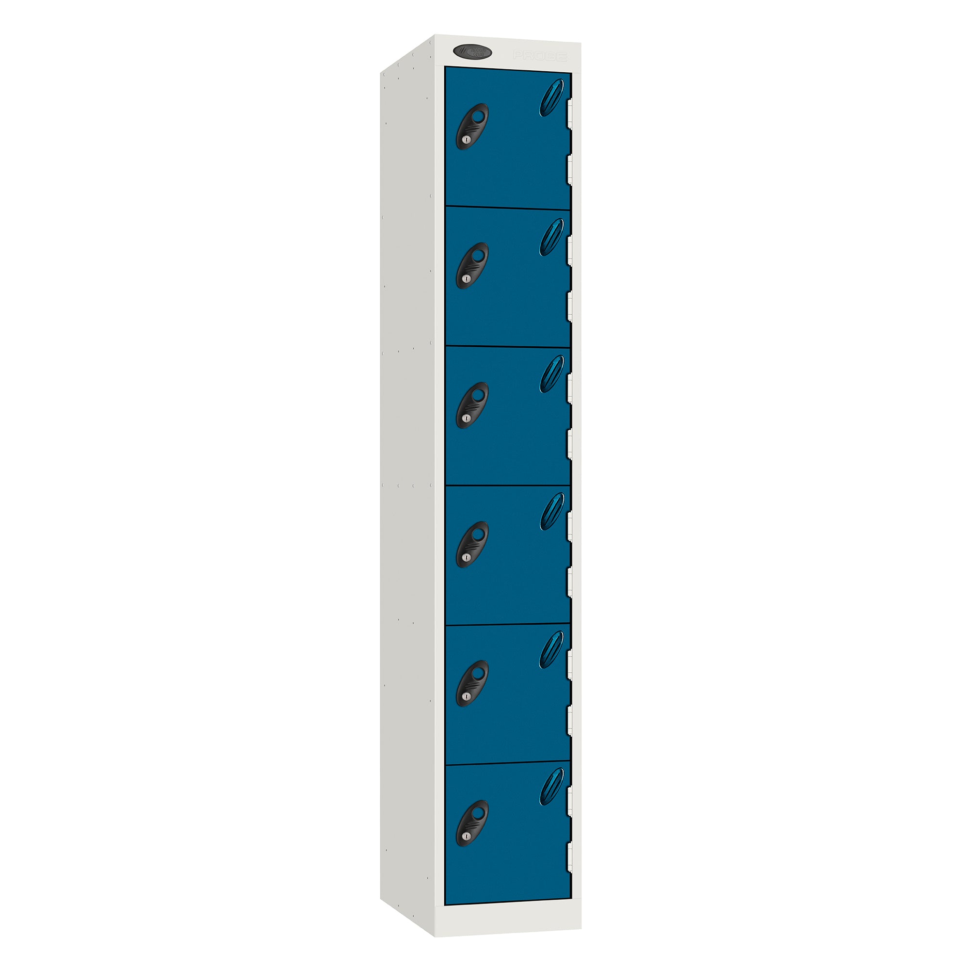 Probe Standard Metric Locker — 6 Door, Sloping Top, Triple Width — White Carcass / Blue Doors