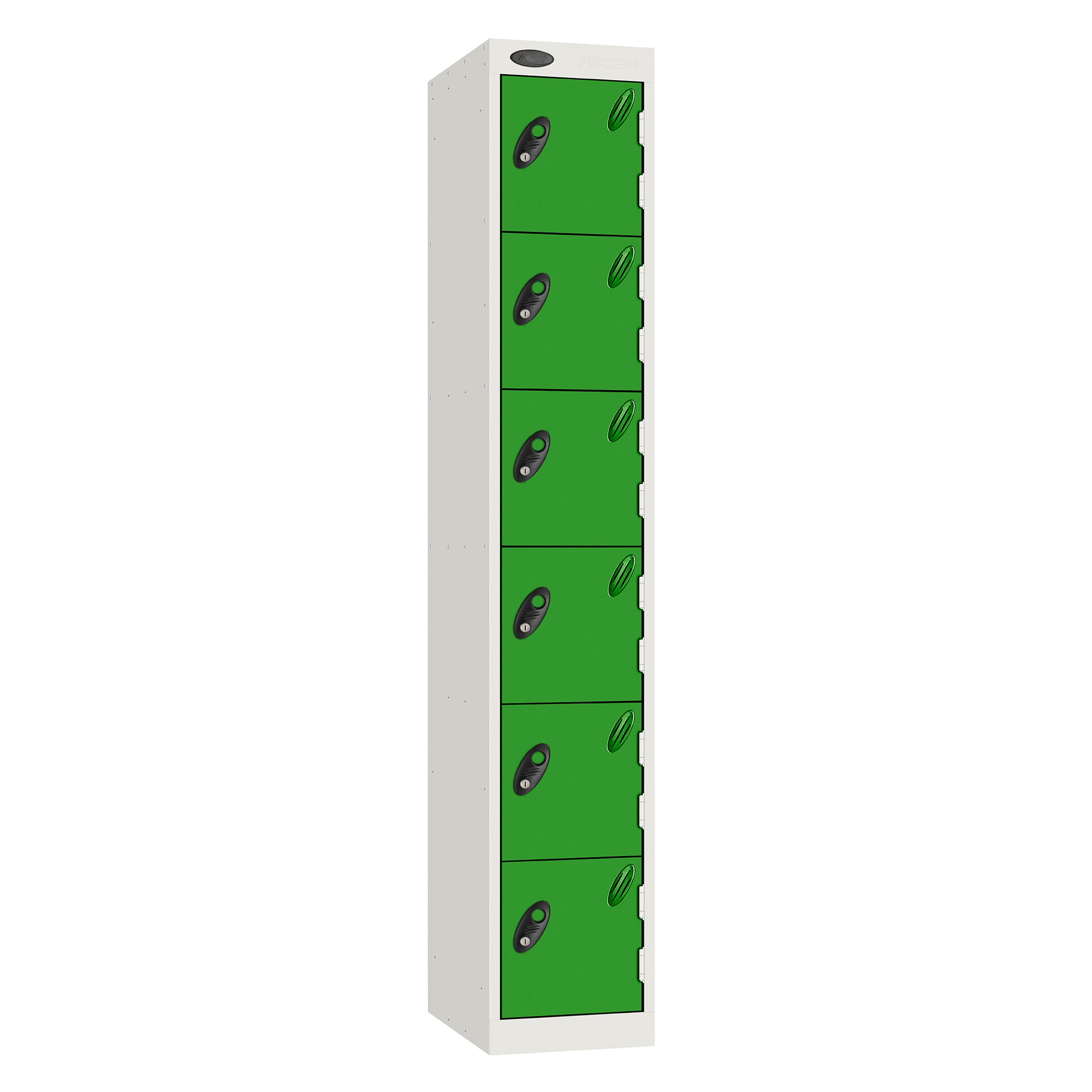Probe Standard Metric Locker — 6 Door, Flat Top, Triple Width — White Carcass / Green Doors