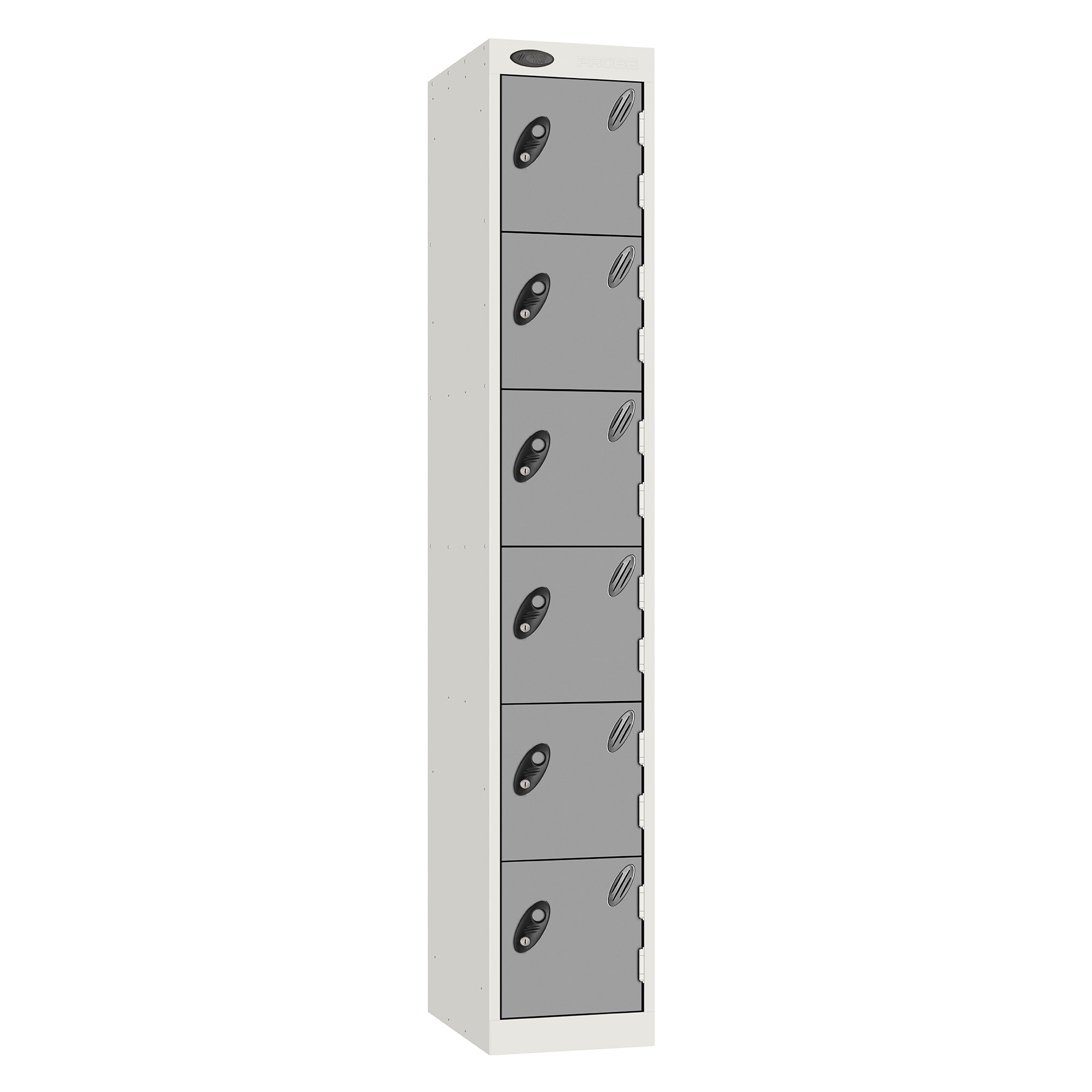Probe Standard Metric Locker — 6 Door, Flat Top, Triple Width — White Carcass / Silver Doors