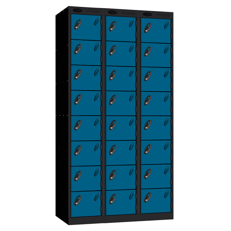 Probe Standard Imperial Locker — 8 Door, Flat Top, Triple Width — Black carcass with Blue door