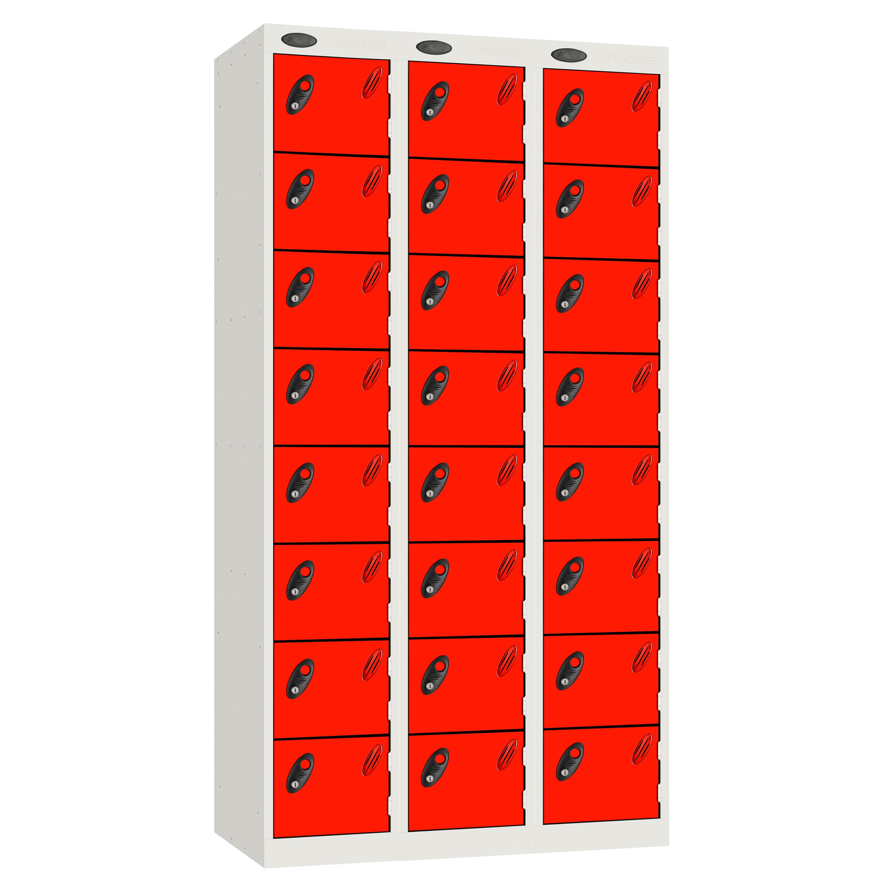 Probe Standard Imperial Locker — 8 Door, Flat Top, Triple Width — White carcass with Red door