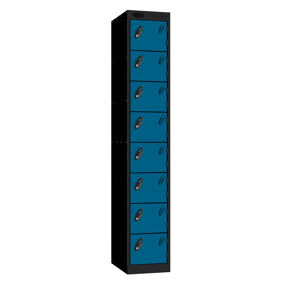 Probe Standard Metric Locker — 8 Door, Flat Top, Double Width — Black Carcass / Blue Doors