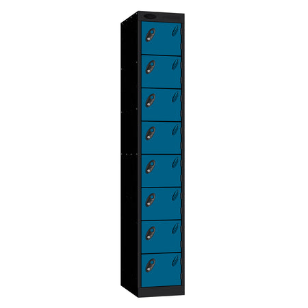 Probe Standard Metric Locker — 8 Door, Sloping Top, Double Width — Black Carcass / Blue Doors