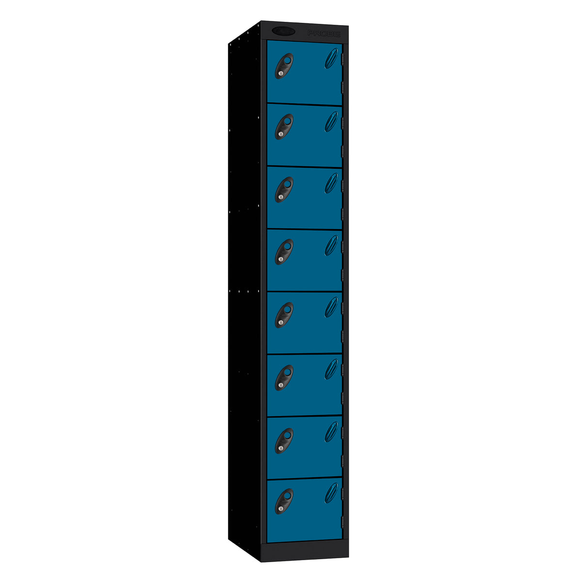 Probe Standard Metric Locker — 8 Door, Sloping Top, Double Width — Black Carcass / Blue Doors