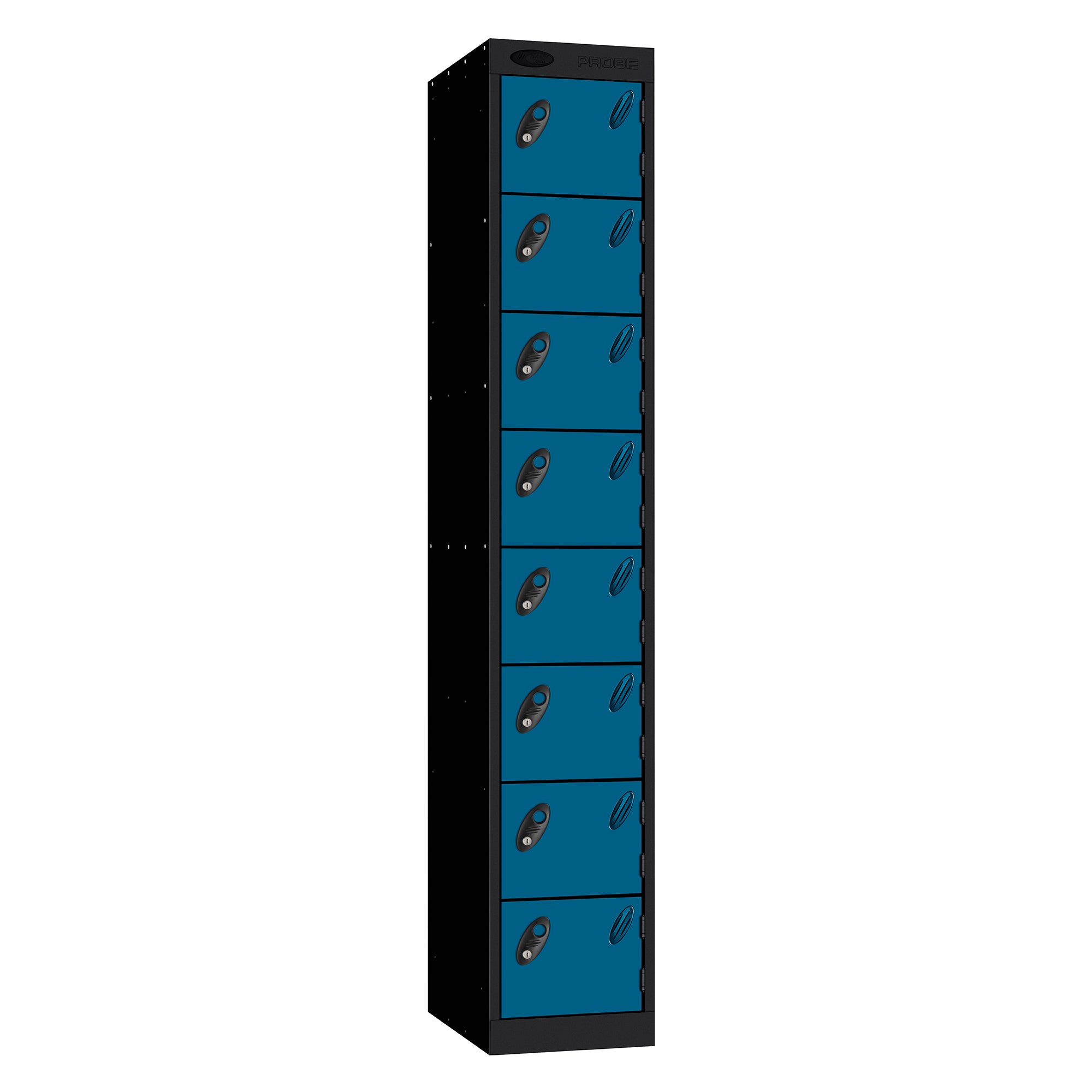Probe Standard Metric Locker — 8 Door, Sloping Top, Double Width — Black Carcass / Blue Doors