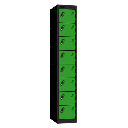 Probe Standard Metric Locker — 8 Door, Sloping Top, Double Width — Black Carcass / Green Doors