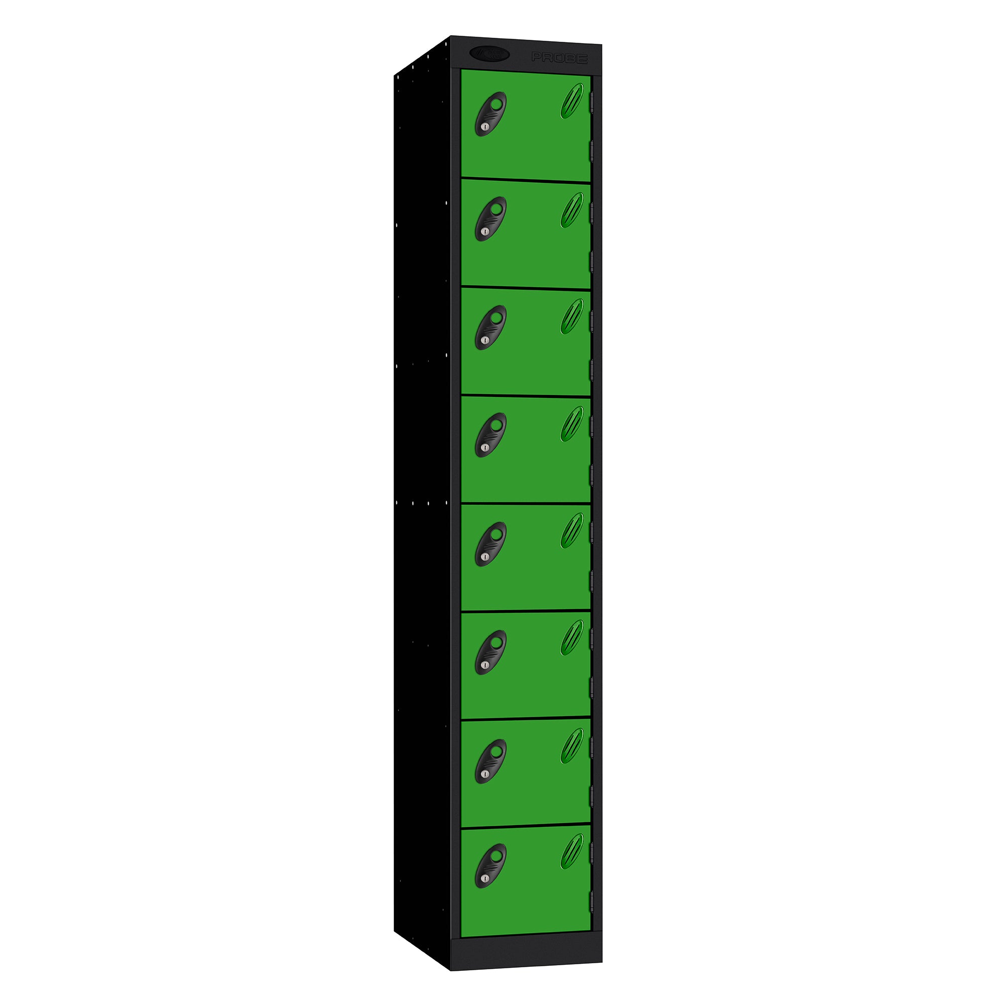 Probe Standard Metric Locker — 8 Door, Sloping Top, Double Width — Black Carcass / Green Doors