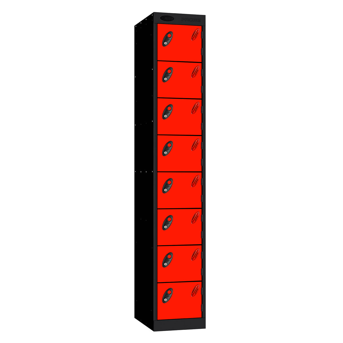 Probe Standard Metric Locker — 8 Door, Flat Top, Triple Width — Black Carcass / Red Doors