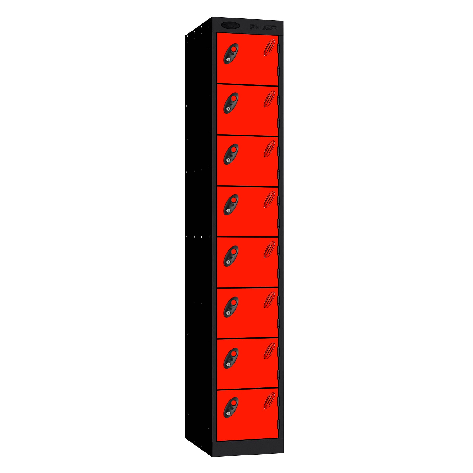 Probe Standard Metric Locker — 8 Door, Sloping Top, Double Width — Black Carcass / Red Doors