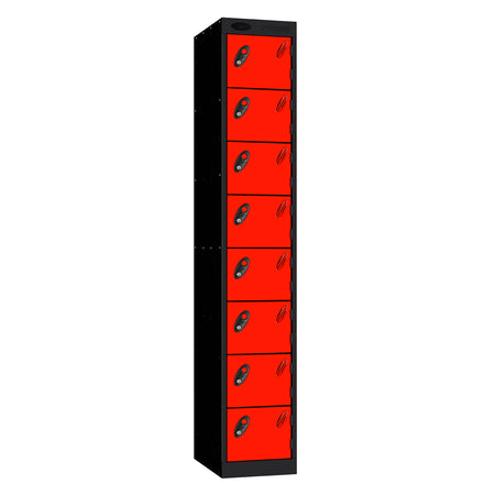 Probe Standard Metric Locker — 8 Door, Flat Top, Triple Width — Black Carcass / Red Doors