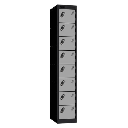 Probe Standard Metric Locker — 8 Door, Flat Top, Triple Width — Black Carcass / Silver Doors