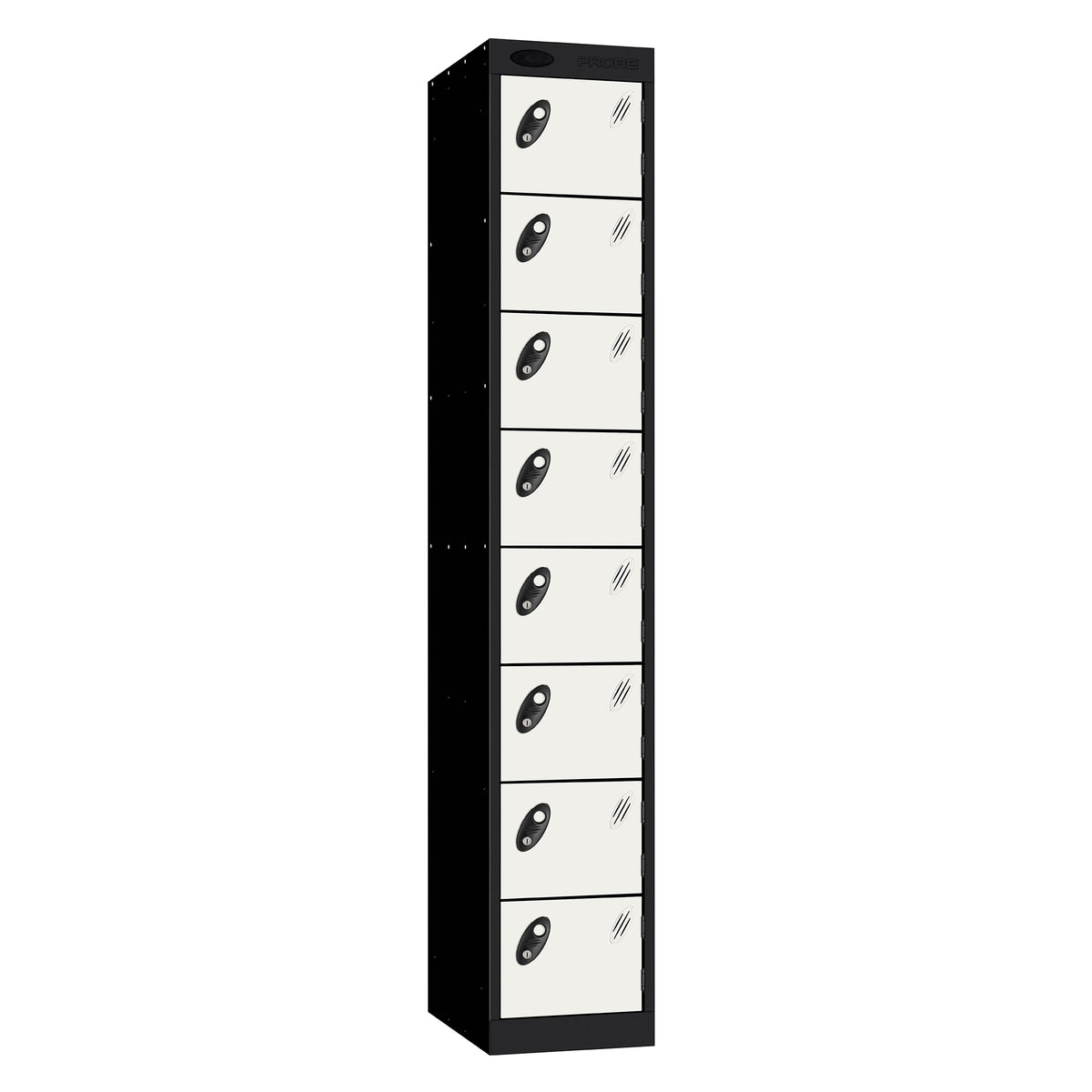 Probe Standard Metric Locker — 8 Door, Sloping Top, Double Width — Black Carcass / White Doors