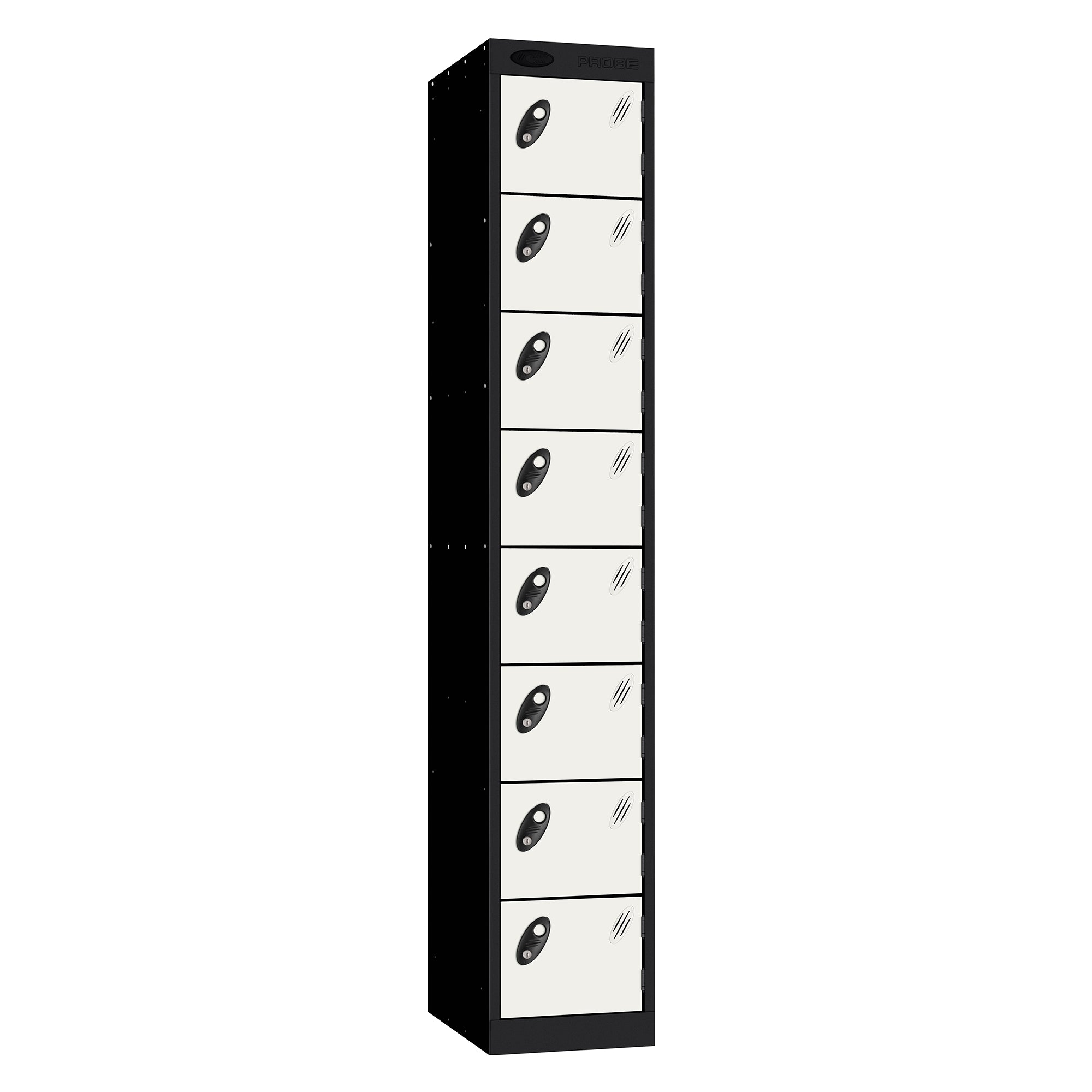 Probe Standard Metric Locker — 8 Door, Flat Top, Triple Width — Black Carcass / White Doors