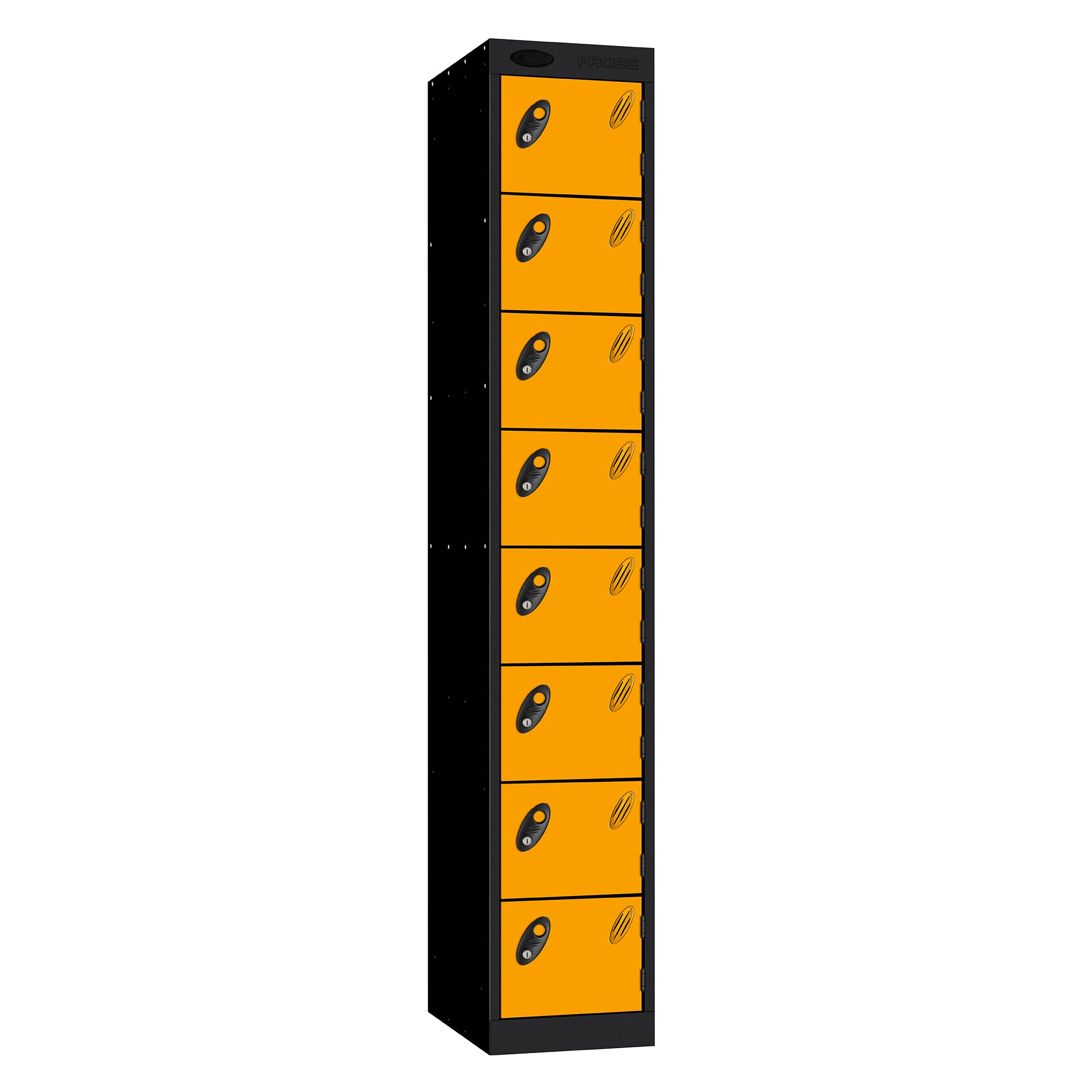 Probe Standard Metric Locker — 8 Door, Flat Top, Double Width — Black Carcass / Yellow Doors