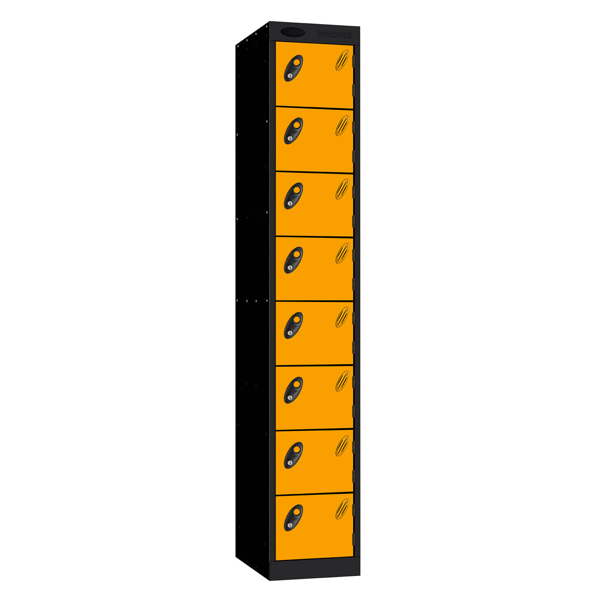 Probe Standard Metric Locker — 8 Door, Sloping Top, Double Width — Black Carcass / Yellow Doors