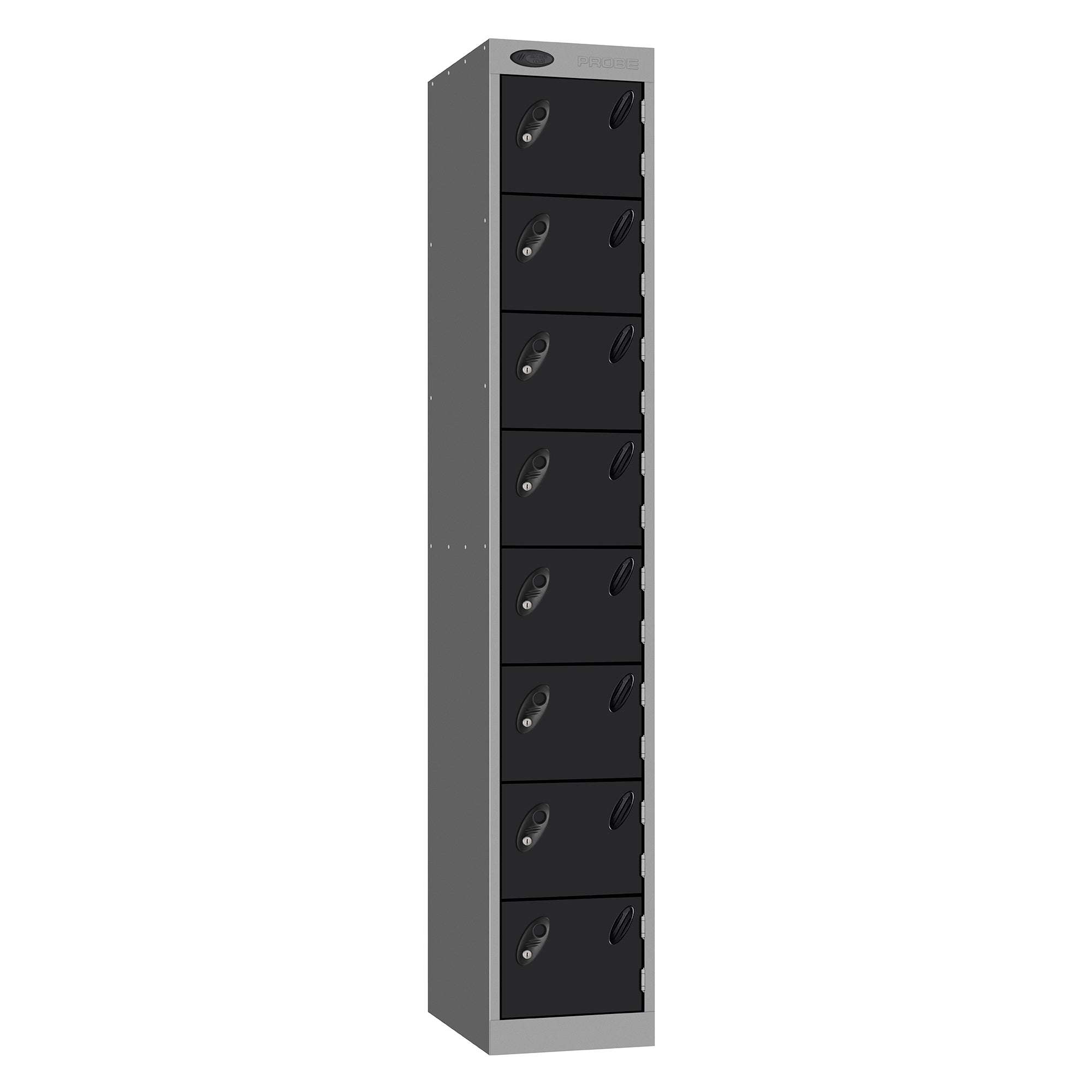 Probe Standard Metric Locker — 8 Door, Sloping Top, Double Width — Silver Carcass / Black Doors