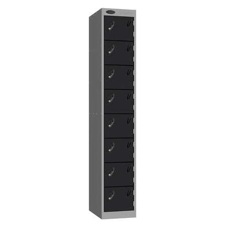 Probe Standard Metric Locker — 8 Door, Flat Top, Triple Width — Silver Carcass / Black Doors