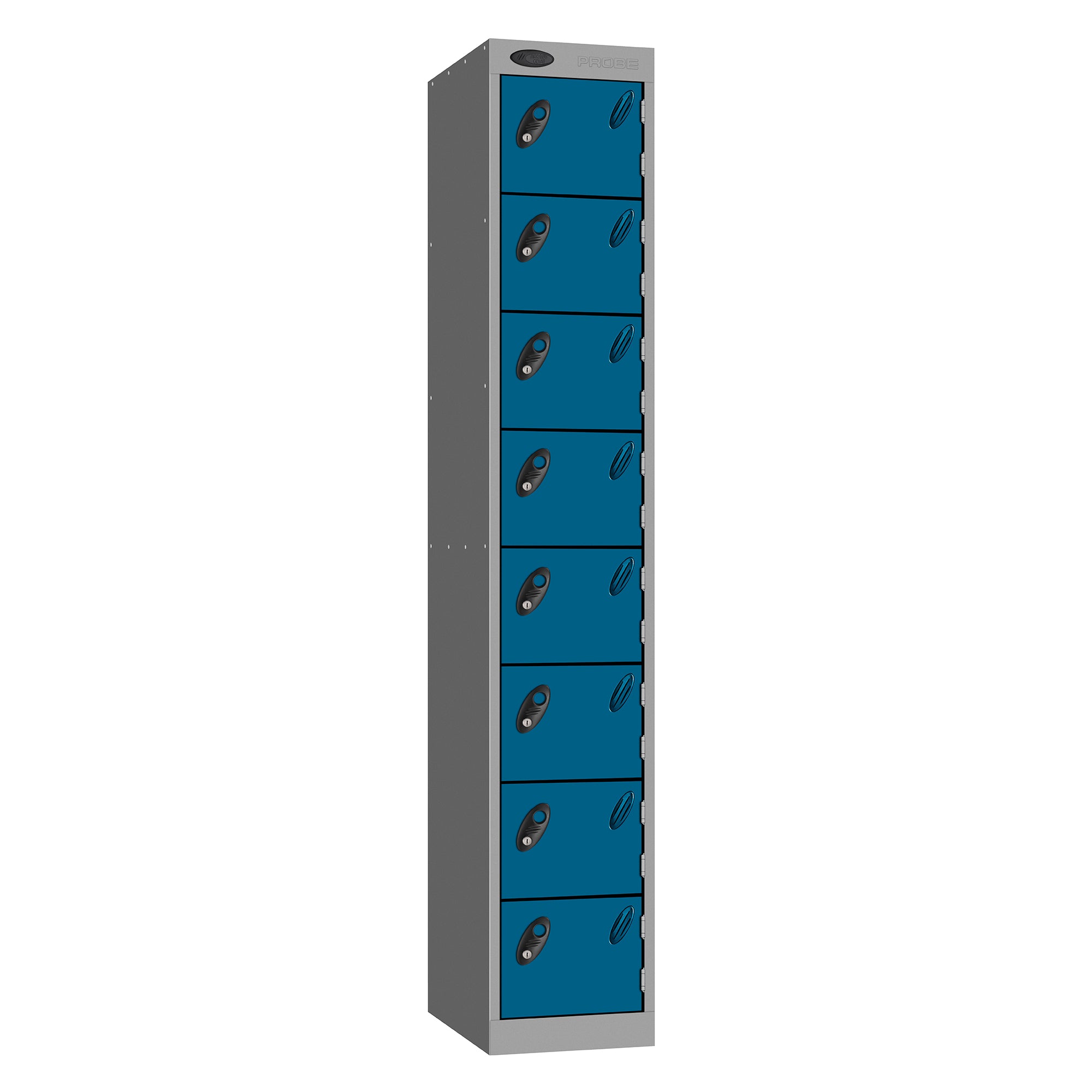 Probe Standard Metric Locker — 8 Door, Flat Top, Double Width — Silver Carcass / Blue Doors
