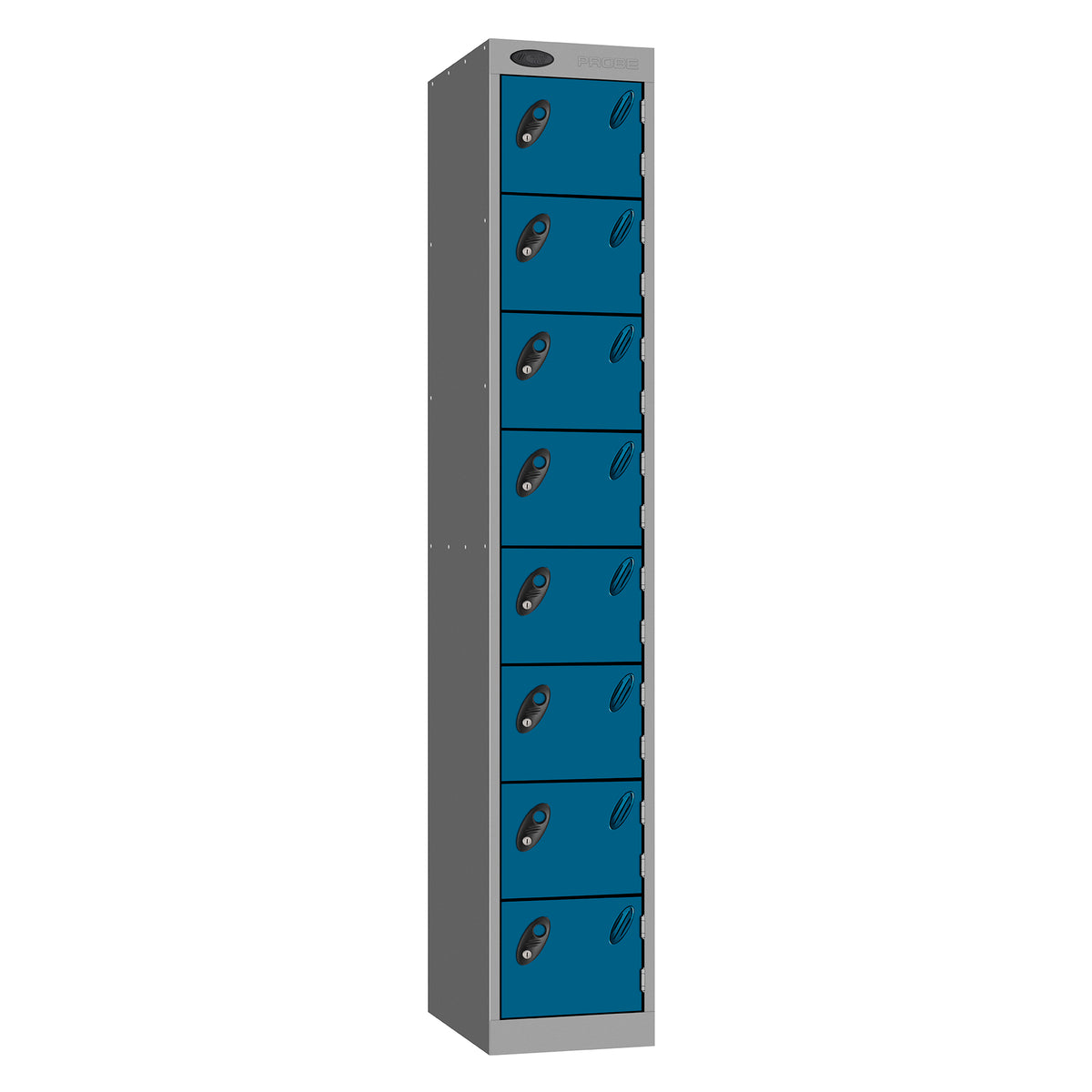 Probe Standard Metric Locker — 8 Door, Sloping Top, Double Width — Silver Carcass / Blue Doors