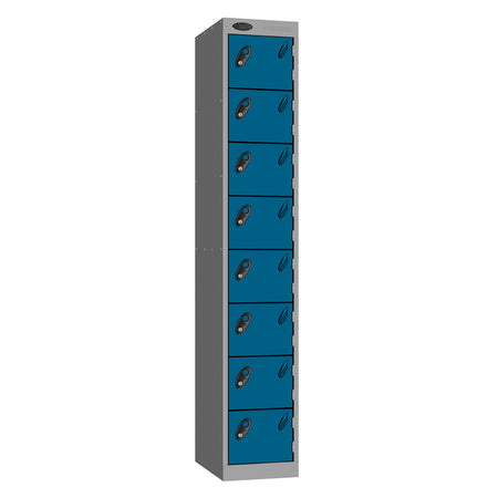 Probe Standard Metric Locker — 8 Door, Flat Top, Triple Width — Silver Carcass / Blue Doors