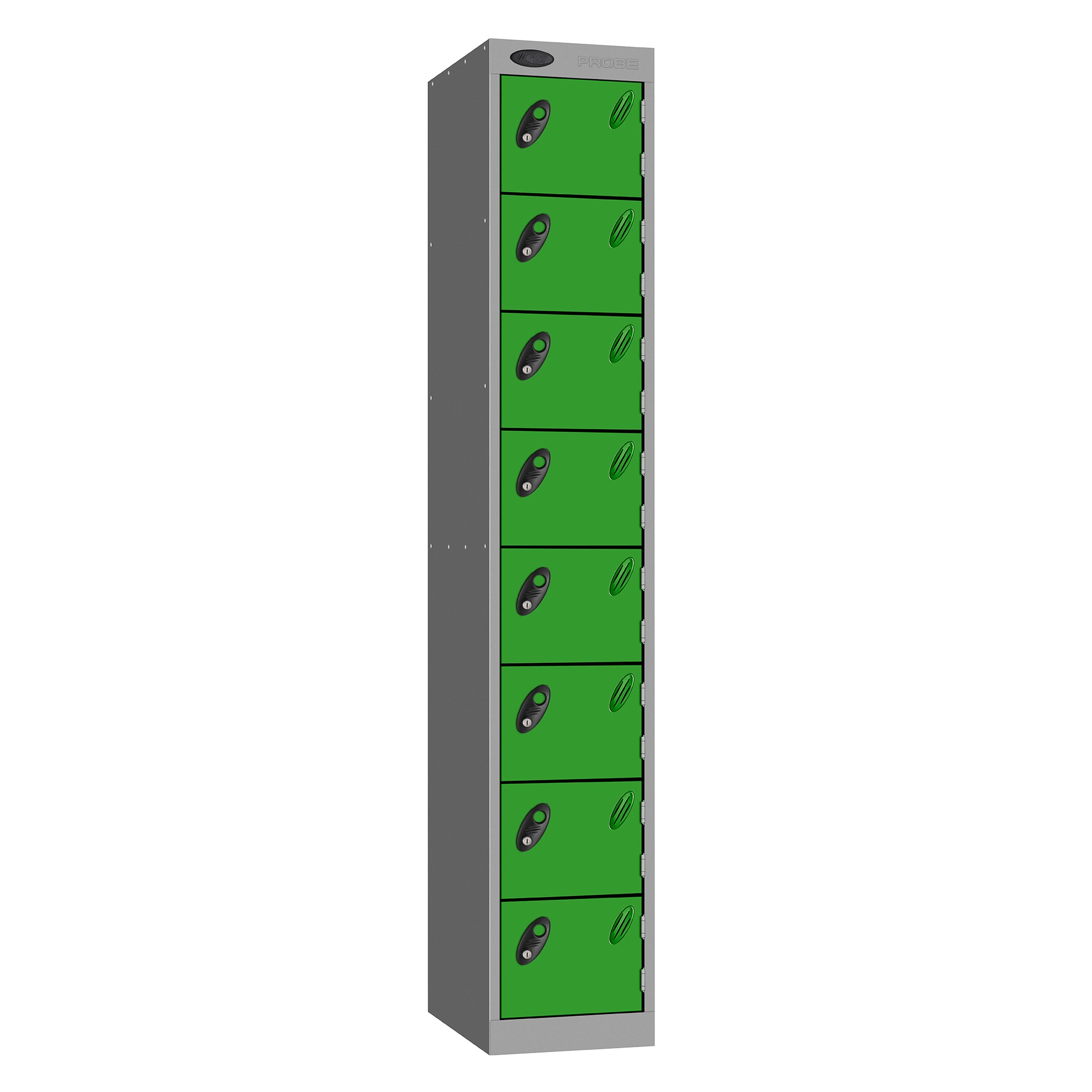 Probe Standard Metric Locker — 8 Door, Flat Top, Triple Width — Silver Carcass / Green Doors