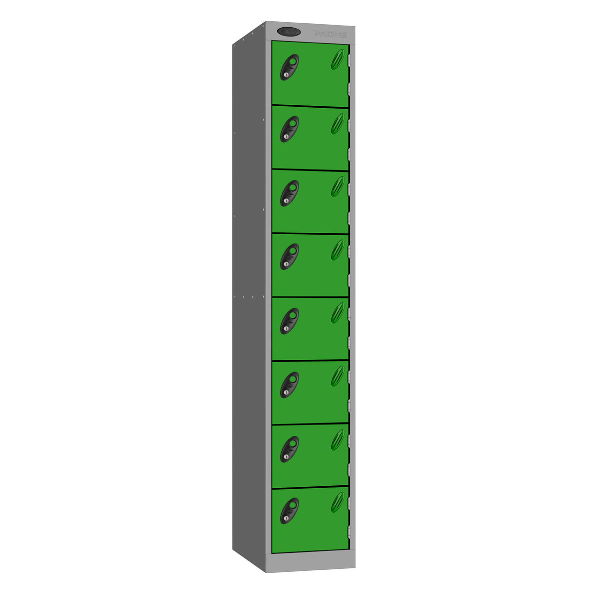 Probe Standard Metric Locker — 8 Door, Sloping Top, Double Width — Silver Carcass / Green Doors