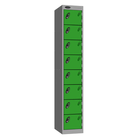 Probe Standard Metric Locker — 8 Door, Sloping Top, Double Width — Silver Carcass / Green Doors