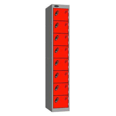 Probe Standard Metric Locker — 8 Door, Flat Top, Double Width — Silver Carcass / Red Doors