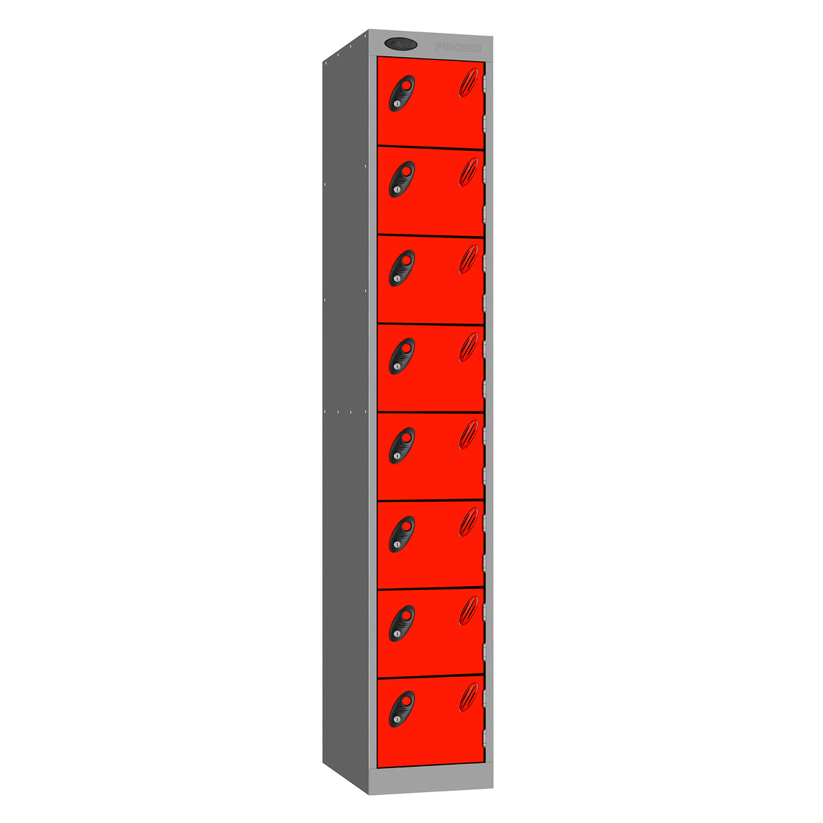 Probe Standard Metric Locker — 8 Door, Sloping Top, Double Width — Silver Carcass / Red Doors