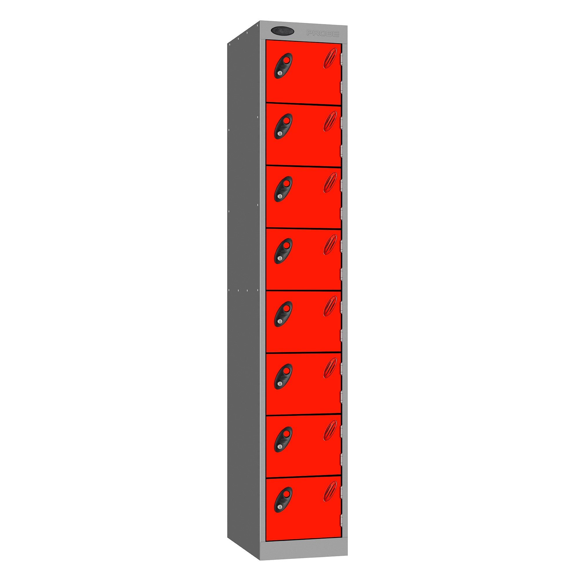 Probe Standard Metric Locker — 8 Door, Flat Top, Triple Width — Silver Carcass / Red Doors