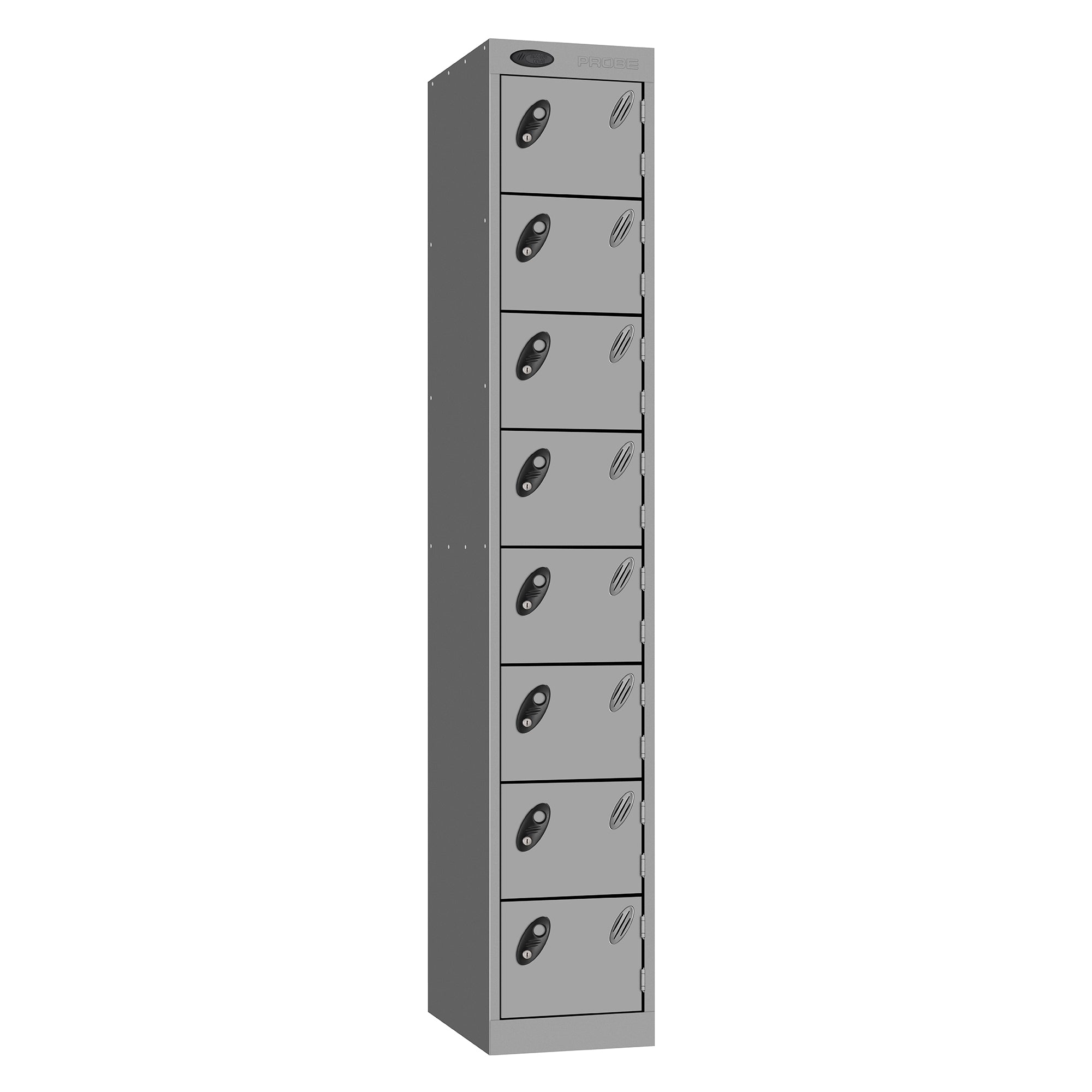 Probe Standard Metric Locker — 8 Door, Sloping Top, Double Width — Silver Carcass / Silver Doors
