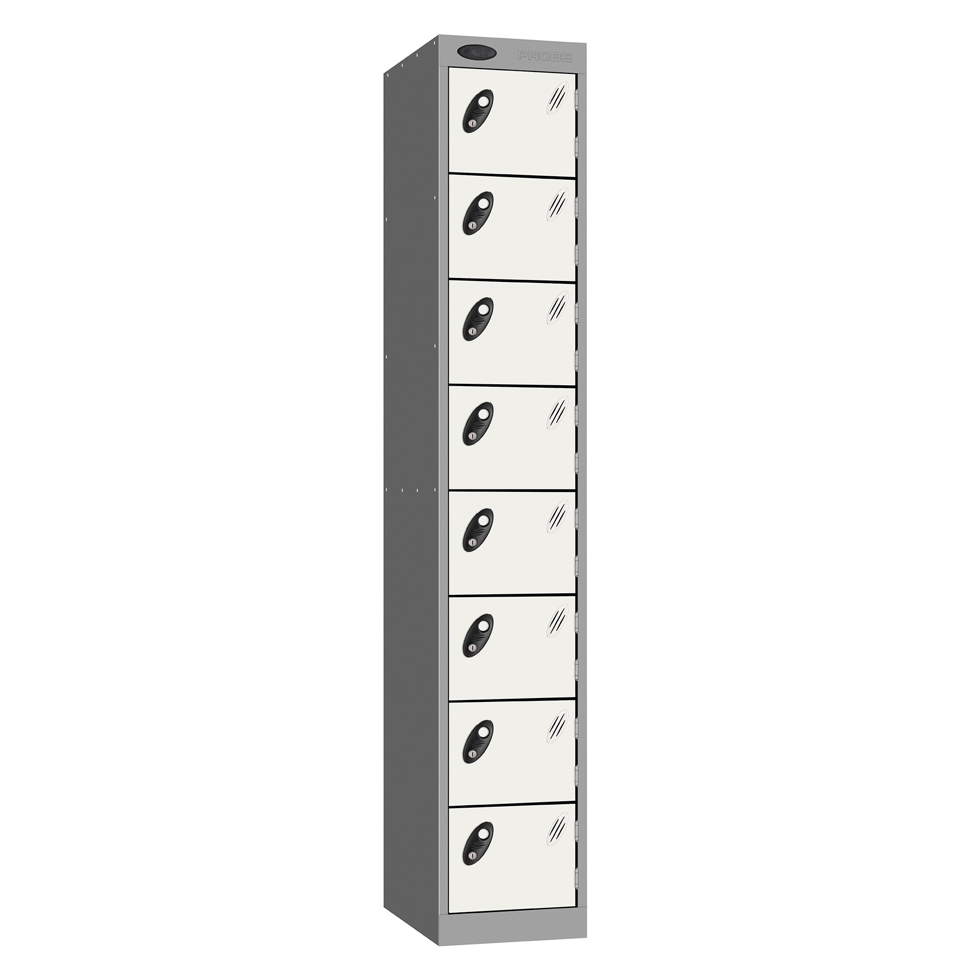 Probe Standard Metric Locker — 8 Door, Flat Top, Double Width — Silver Carcass / White Doors