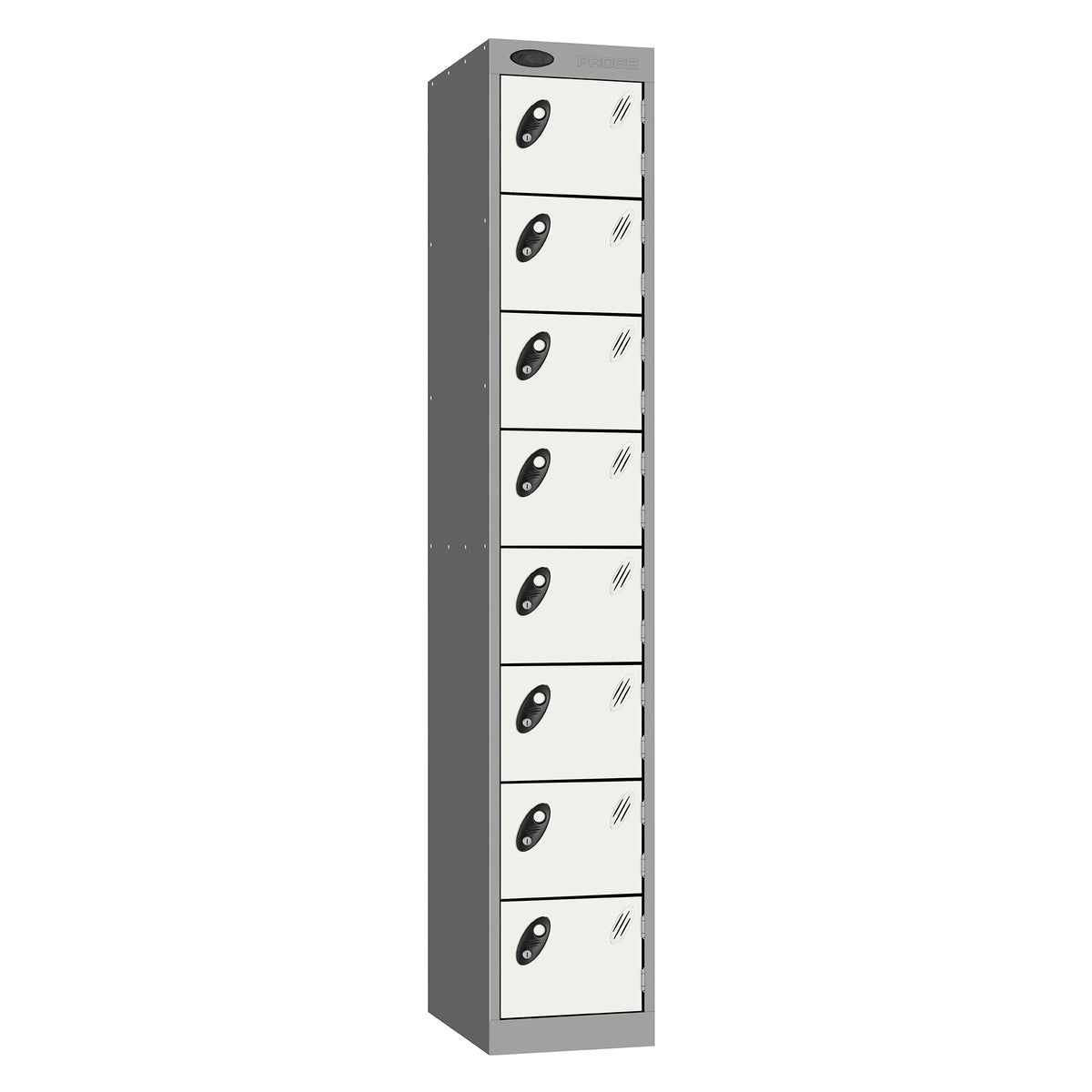 Probe Standard Metric Locker — 8 Door, Sloping Top, Double Width — Silver Carcass / White Doors