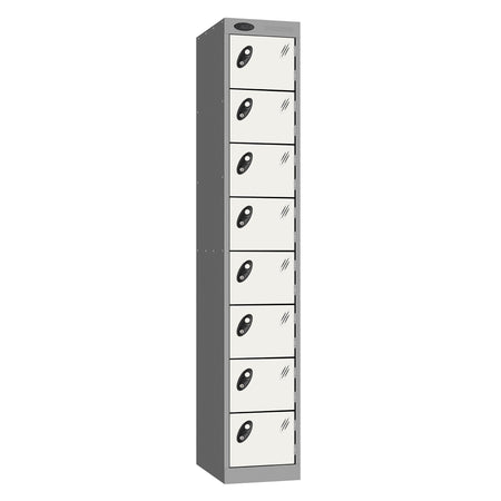 Probe Standard Metric Locker — 8 Door, Sloping Top, Double Width — Silver Carcass / White Doors
