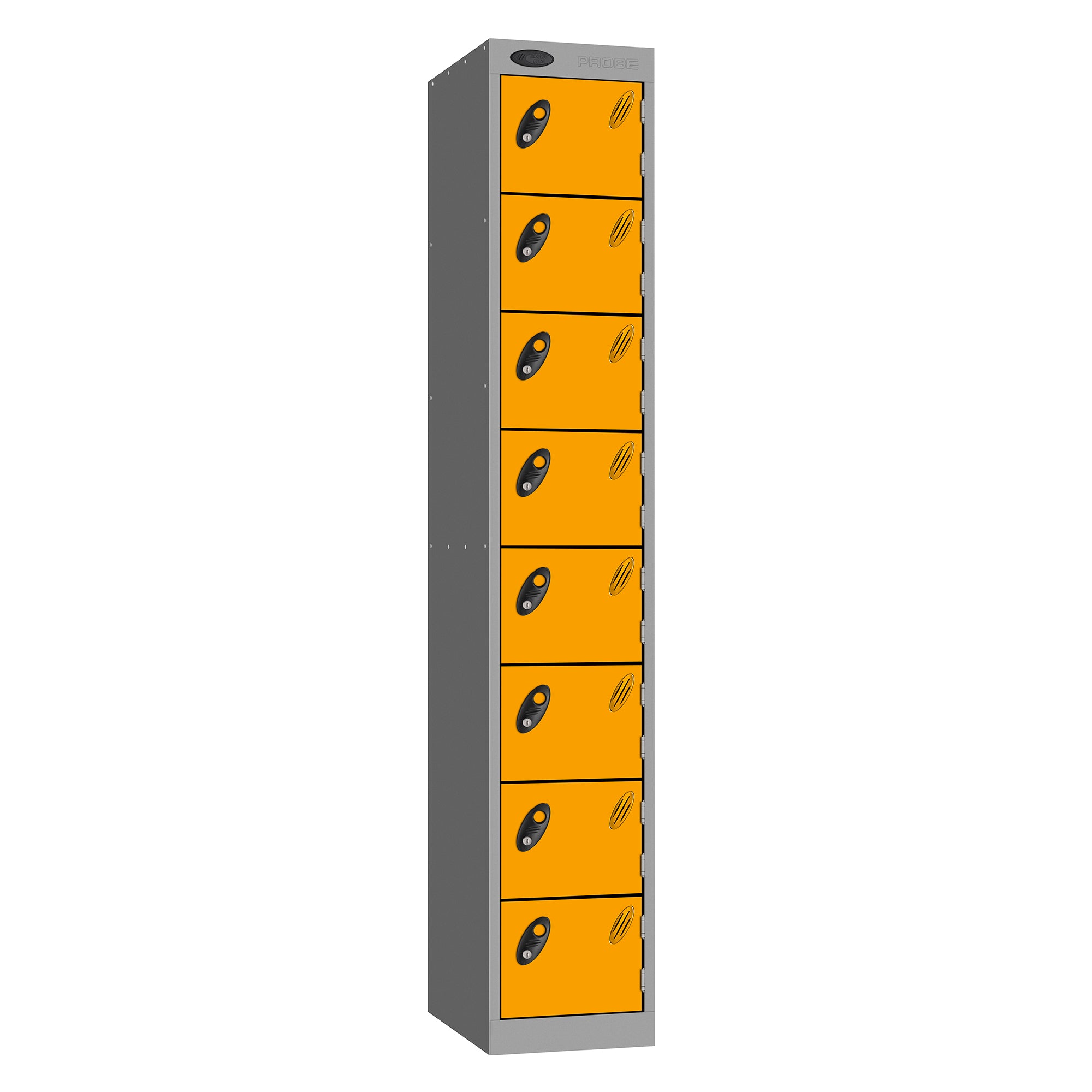Probe Standard Metric Locker — 8 Door, Sloping Top, Double Width — Silver Carcass / Yellow Doors